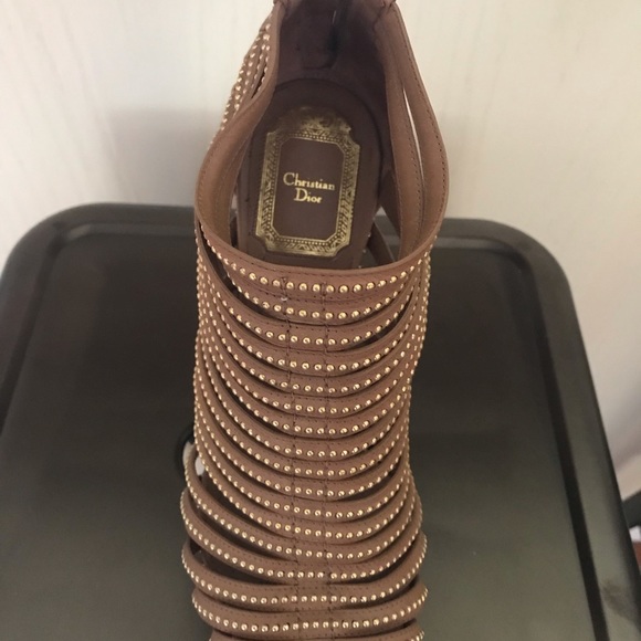 Chritian Dior Studded Caged Bootie Heels Gold Tan - Picture 2 of 6